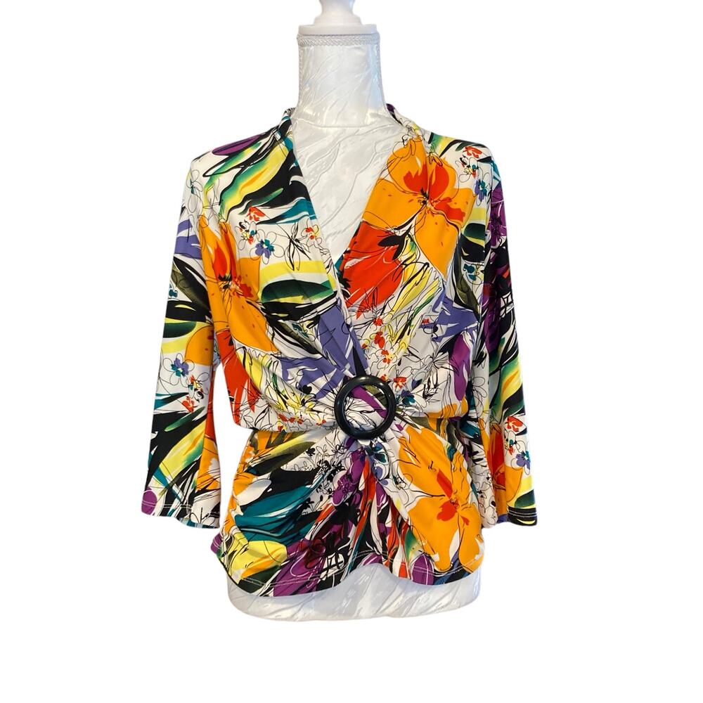 Y2K Caribe Colorful Abstract Wrap Low V Neck Stretch Vacation Top Sz Medium